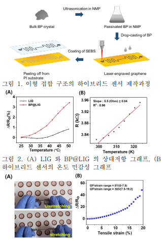 스트레인과 온도 모니터링을 위한 이형 접합 구조의 합성물 기반 스트레쳐블 하이 브리드 센서